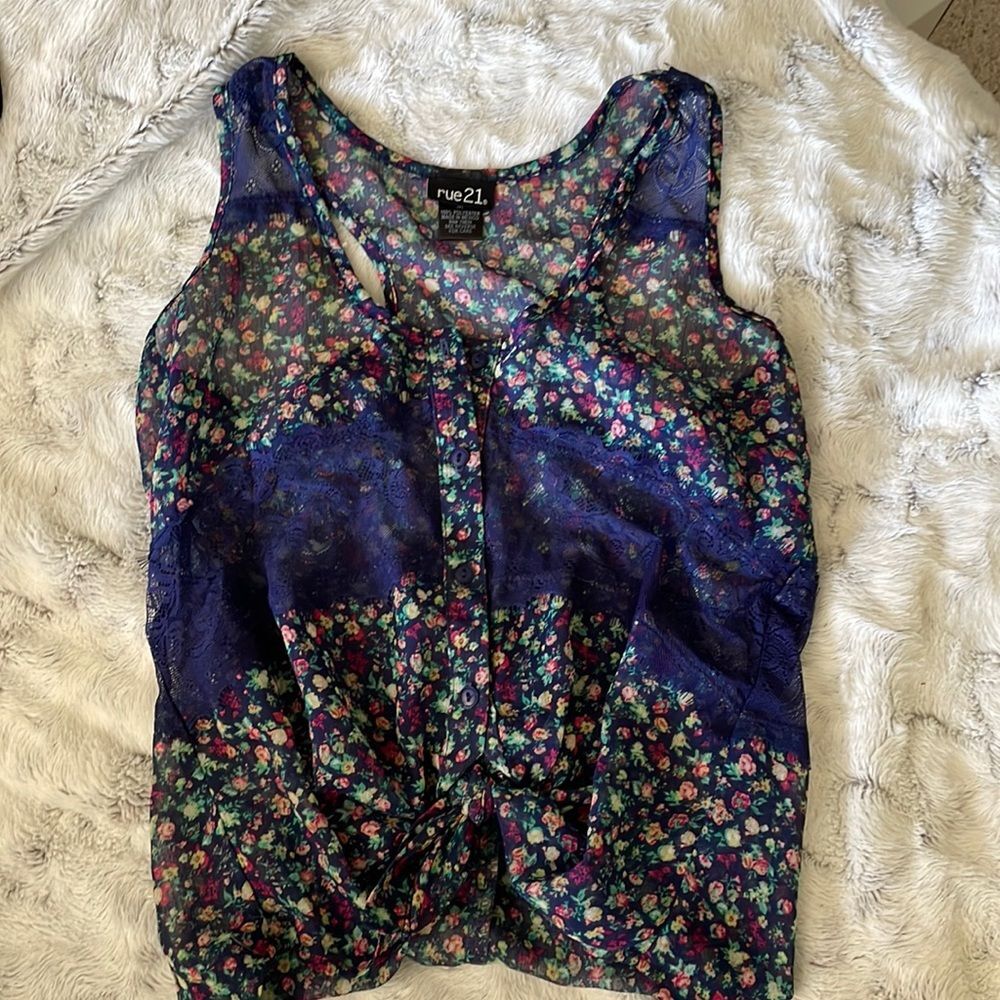 Rue 21 Navy Lace Tank top shirt flowy see through
